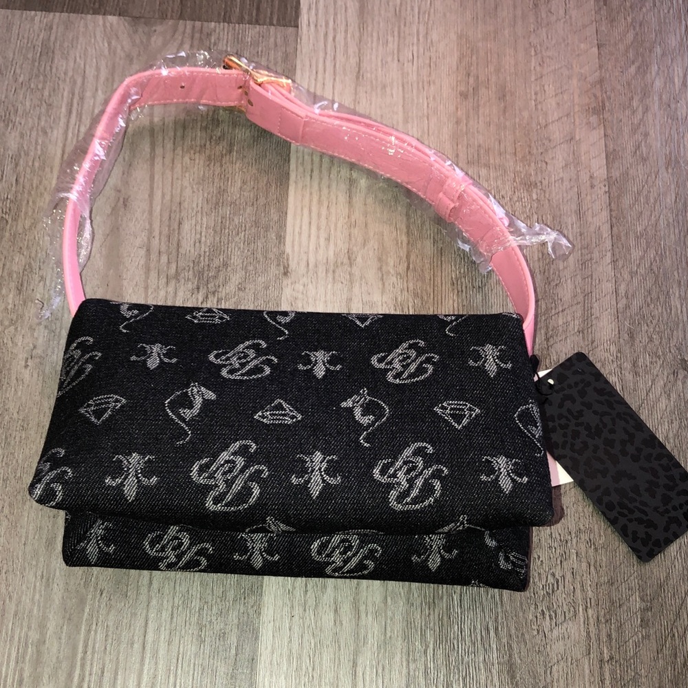 Baby Phat Black Denim & Pink With Monogram Print Flap Shoulder Bag NWT - Picture 7 of 16